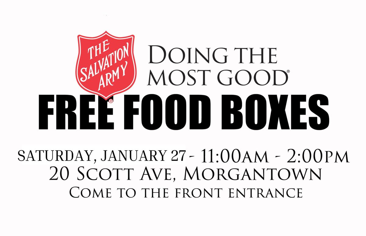 Stop by Hazel’s House of Hope from 11am-2pm on Saturday, January 27th for free boxes of shelf-stable foods sponsored by the Salvation Army and the City of Morgantown!