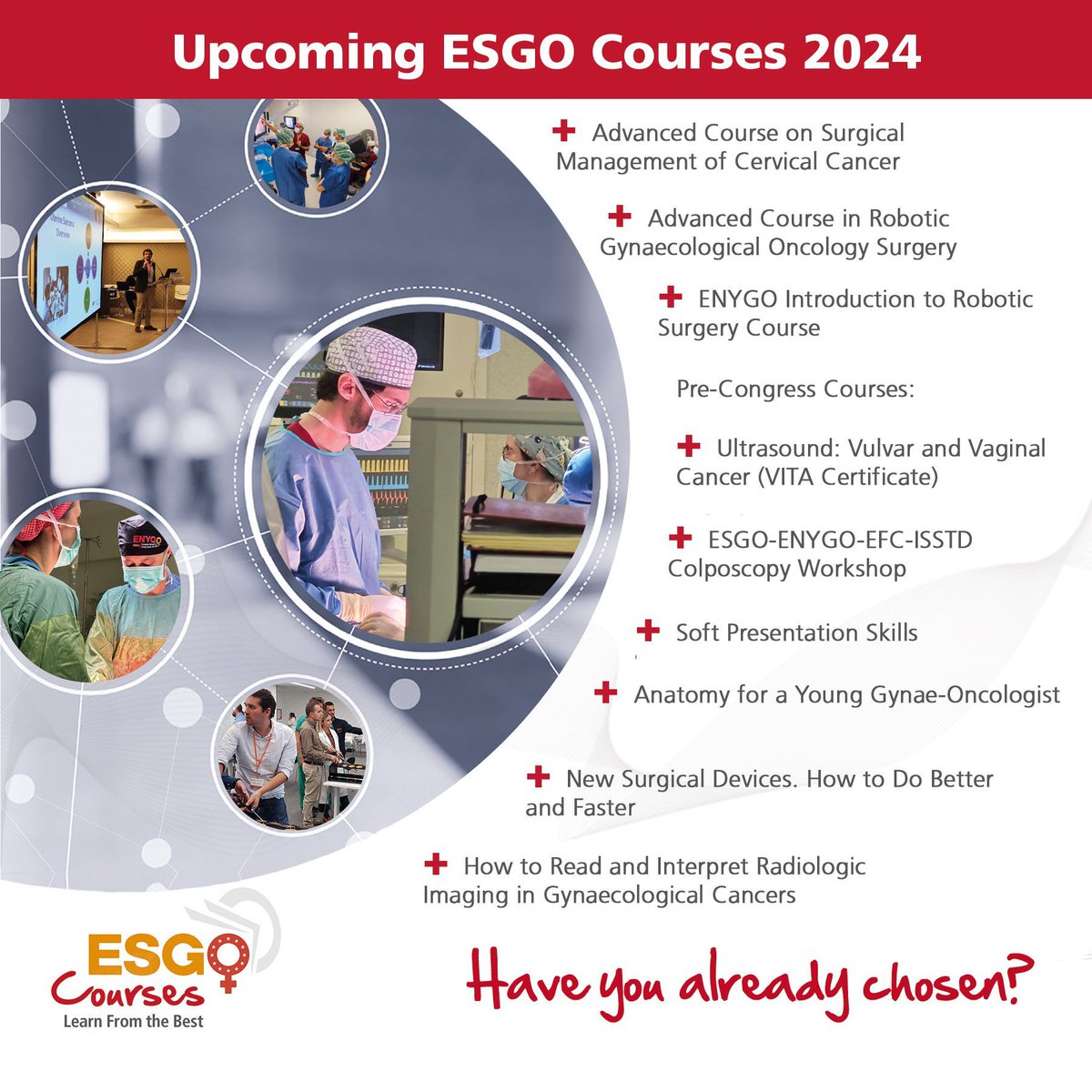 ESGO_society's tweet image. Happy New Year! 🥳 Planning any skills upgrades this year? Take a look at our course schedule for 2024! 🤓

#ESGOcourses #webinar #LearnfromtheBest #gynonc #ESGO2024 @ENYGO_official @oncoalert @IJGConline