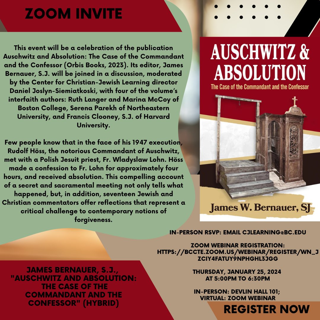 This event will be a celebration of the publication Auschwitz and Absolution: The Case of the Commandant and the Confessor (Orbis Books, 2023)  In-Person RSVP: Email cjlearning@bc.edu 
Zoom Webinar Registration: bccte.zoom.us/webinar/regist…

#genocide #auschwitz #rudolfhoss #nazi