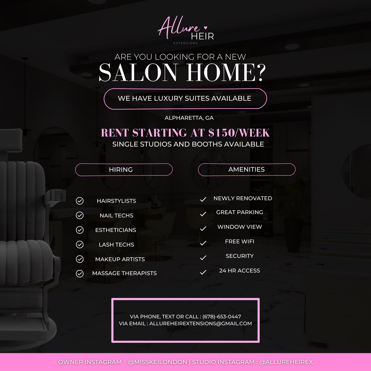 misskeilondon's tweet photo. Allure Heir Salon Studios opening in Alpharetta, GA this February! Booth rental starts @ $150/week! Salon Suites, fully furnished 💕

• Great parking 
• 24 HR access 
• Security 
• Newly renovated 

#alpharettahairstylist #alpharettasalon #atlstylist #atlesthetician https://t.co/wJSnkRbtIp
