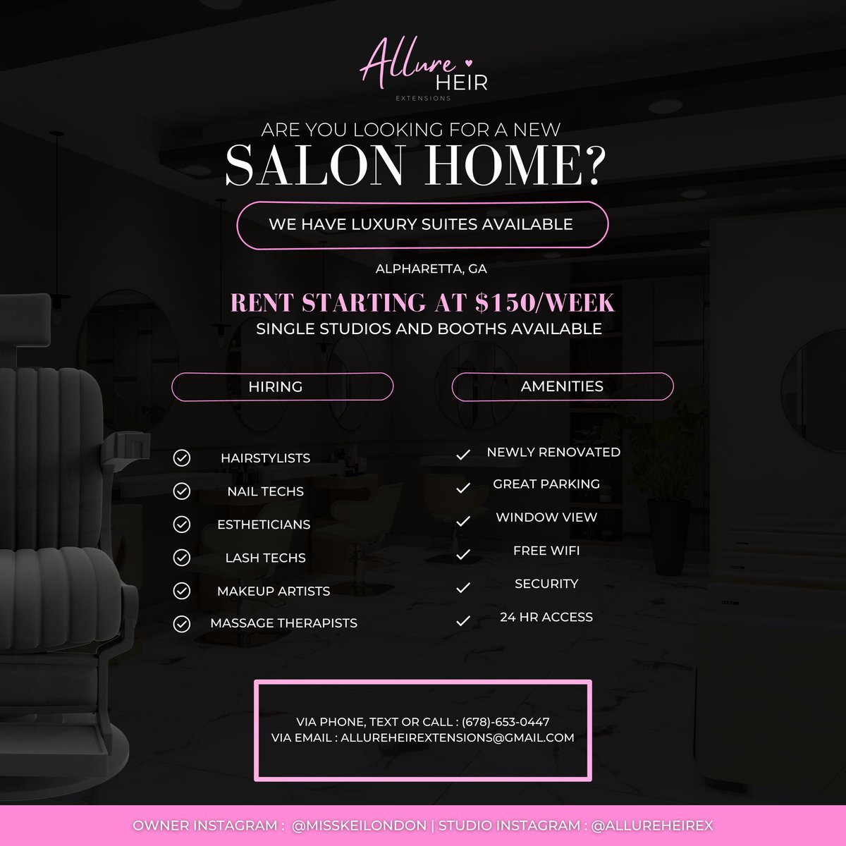 Allure Heir Salon Studios opening in Alpharetta, GA this February! Booth rental starts @ $150/week! Salon Suites, fully furnished 💕

• Great parking 
• 24 HR access 
• Security 
• Newly renovated 

#alpharettahairstylist #alpharettasalon #atlstylist #atlesthetician