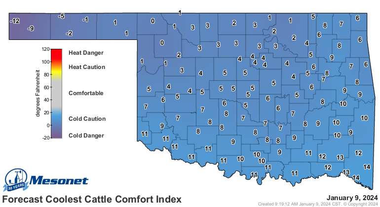 okmesonet's tweet photo. There were some very cold numbers on this morning's Cattle Comfort Index (CCI), reaching down into the negative "Cold Danger" category in the panhandle. Expect even more severe conditions next week when CCI numbers could be negative statewide. #okmesonet https://t.co/IqJHOjt3hC