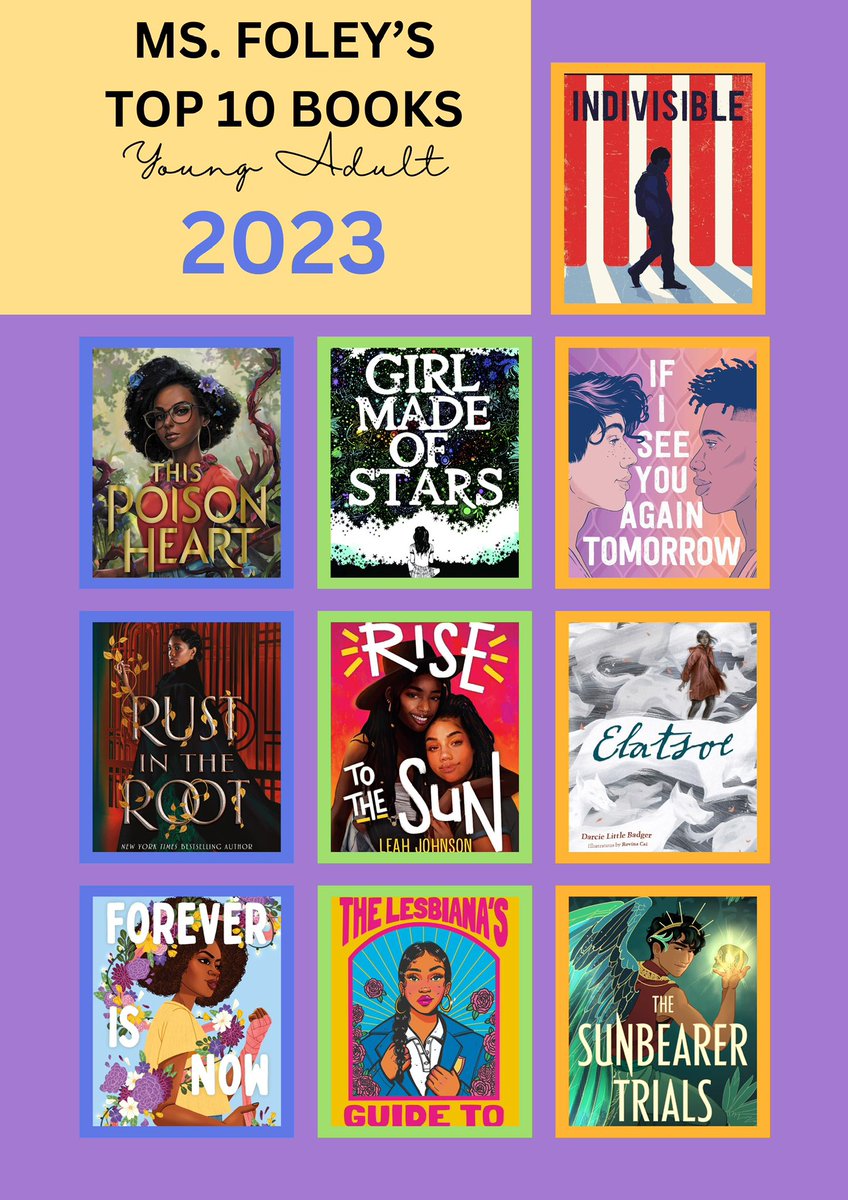 Ms. Foley’s Top 10 Young Adult Books of 2023

#msfoleyiscurrentlyreading #audiobooklove #bookstagram #librarylife #read <a href="/Dan_Aleman/">Daniel Aleman</a> <a href="/KalynnBayron/">Kalynn bayron</a> @ashleyhblake <a href="/robbie_couch/">Robbie Couch</a> #JustinaIreland <a href="/byleahjohnson/">Leah Johnson</a> #DarcieLittleBadger @marilock <a href="/SonoraReyes/">Sonora Reyes</a> <a href="/aidenschmaiden/">Aiden Thomas 🇵🇸</a>