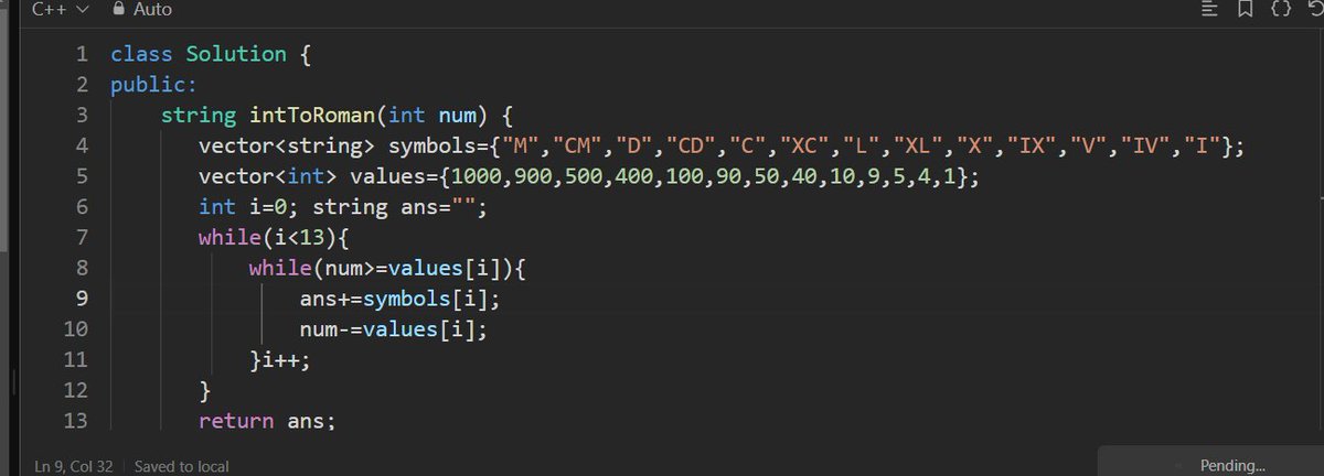 ad_ars_h's tweet image. discovered minimalistic solution for the problem, integer to roman => store the values and corresponding symbols in different arrays and simply access them and keep on decreasing the values of num.
This is problem 12 of leetcode => IntegertoRoman
#enjoycoding #leetcode