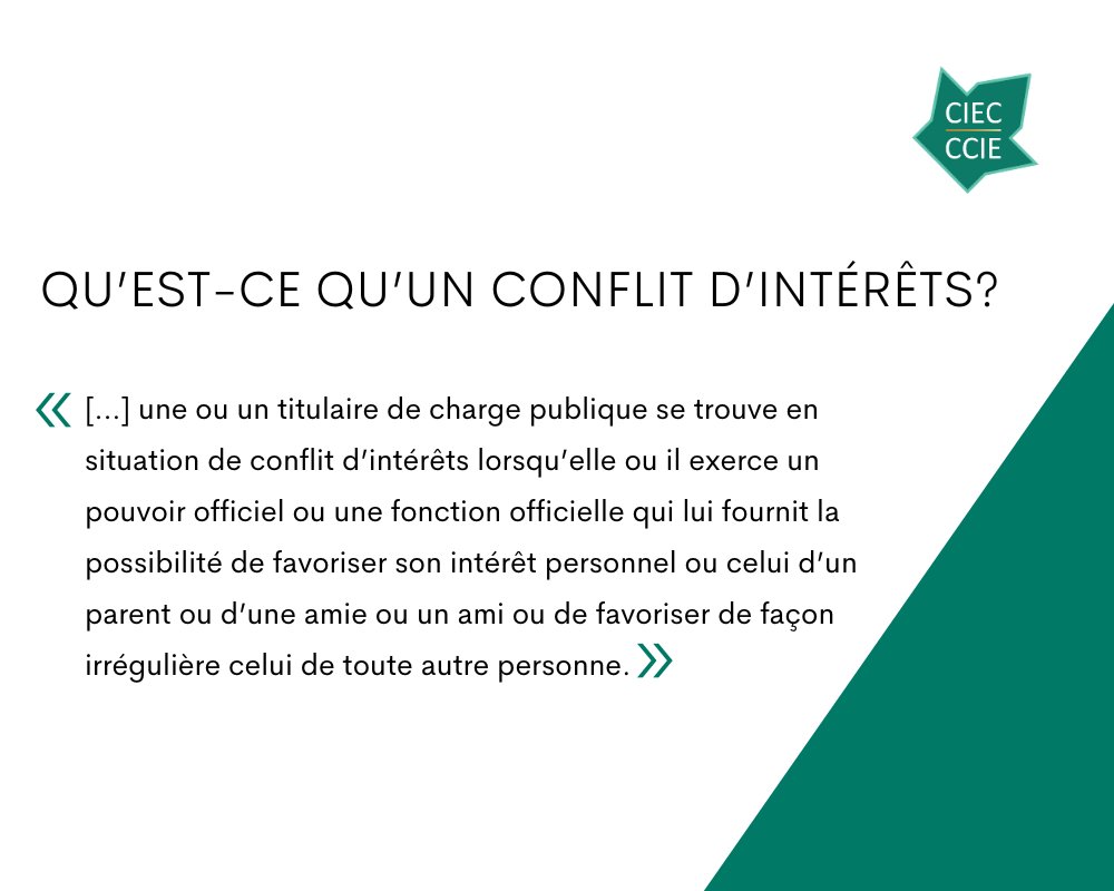 Le concept de « conflit d’intérêts » est au cœur de la Loi sur les #ConflitsDintérêts. Qu’est-ce qu’un conflit d’intérêts? bit.ly/41jKeUU Comment un titulaire de charge publique peut-il éviter de se mettre dans une telle situation? bit.ly/3CpcauT #PoliCnd