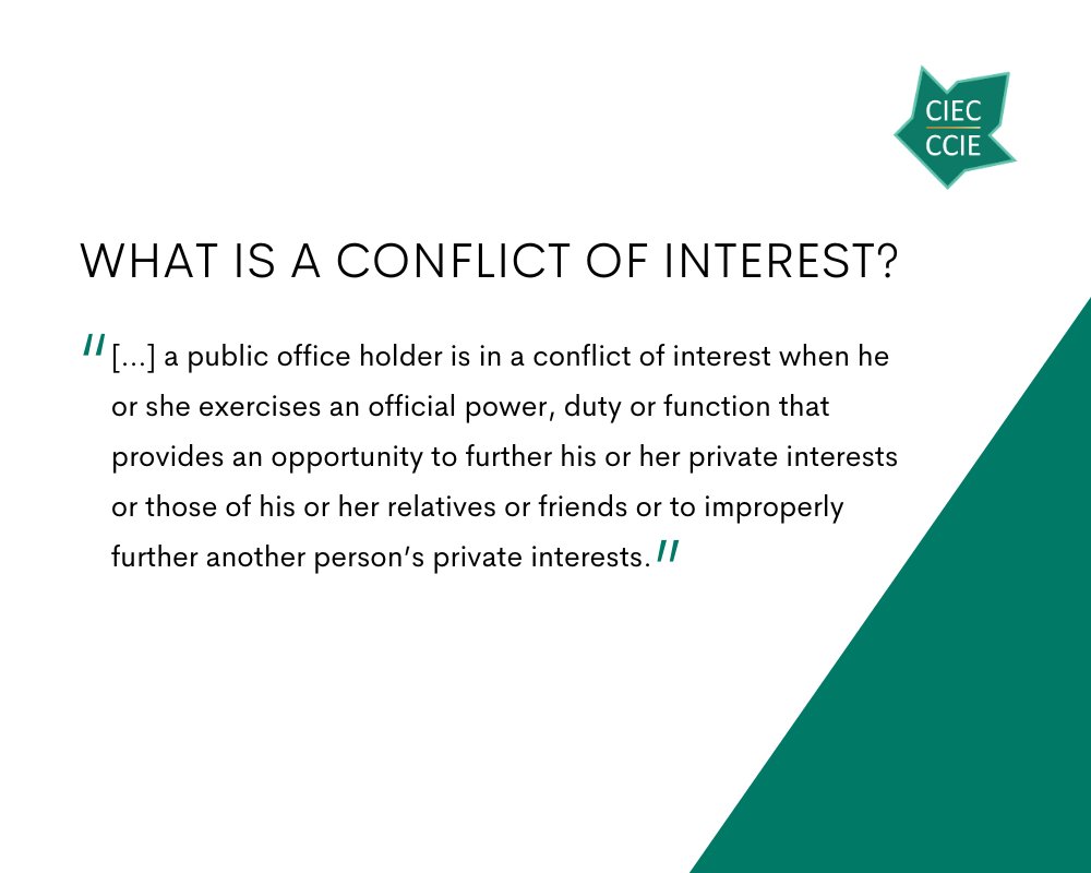The concept of “conflict of interest” is at the heart of the #ConflitOfInterest Act. What is a conflict of interest? bit.ly/3TkF2OE How can public office holders avoid it? bit.ly/3N87ezo #CdnPoli #Ethics