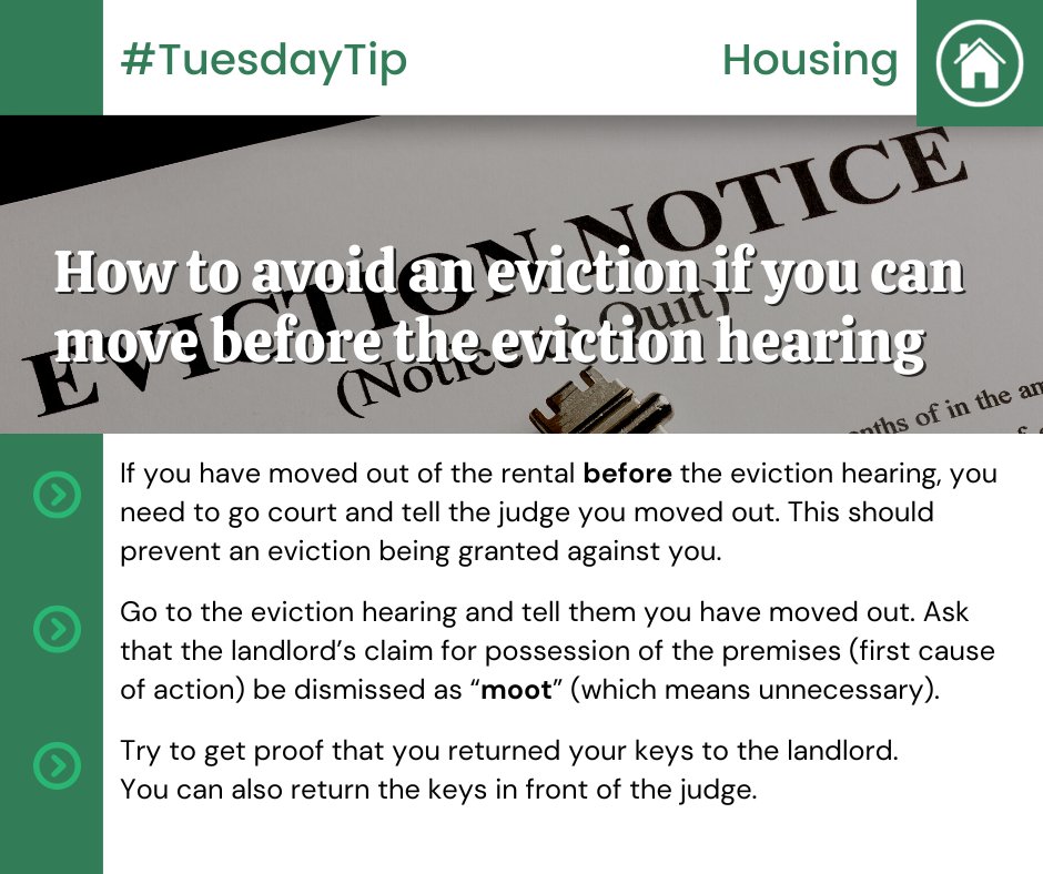 #TuesdayTip: Having an eviction on your record can make finding a new place to rent tough. But you may be able to avoid having an eviction granted against you if you can move out of your rental BEFORE the eviction hearing.