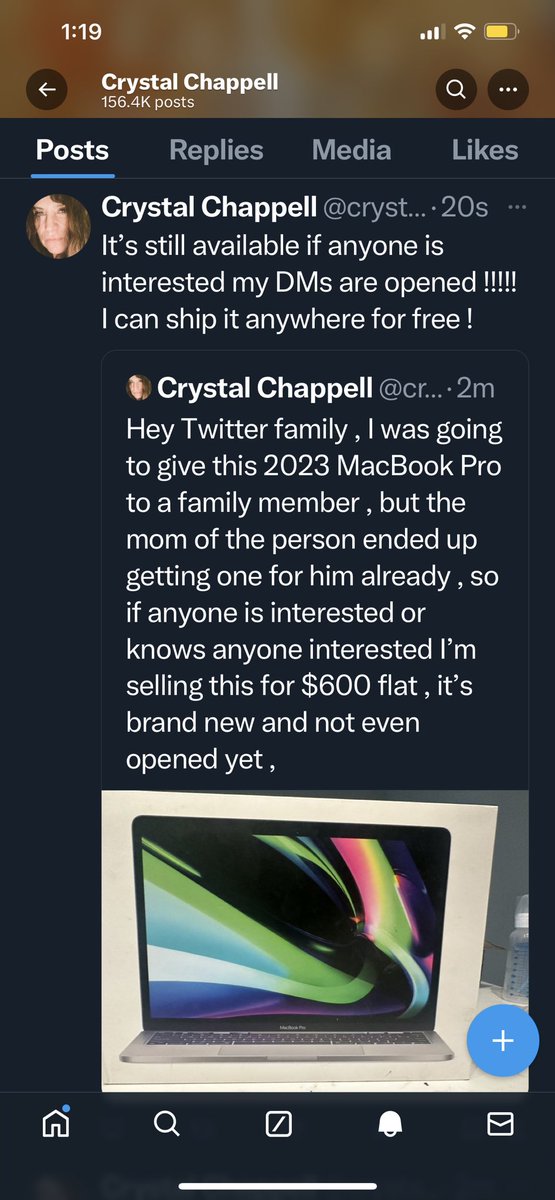 lisahoosier's tweet photo. @venicetheseries Don’t know if Crystal is aware or not but she may have been hacked…..unless she Truely is selling a MacBook https://t.co/HHCiVcnHXX