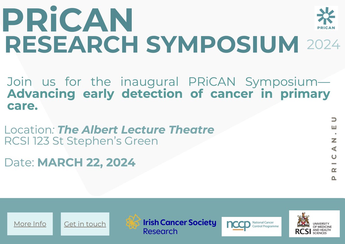PRiCAN_Research's tweet photo. We are very pleased to be working with NCCP and Irish Cancer Society to bring The PRiCAN Research Symposium to @RCSI_Irl this March 22, 2024. https://t.co/844mNsL8dm
