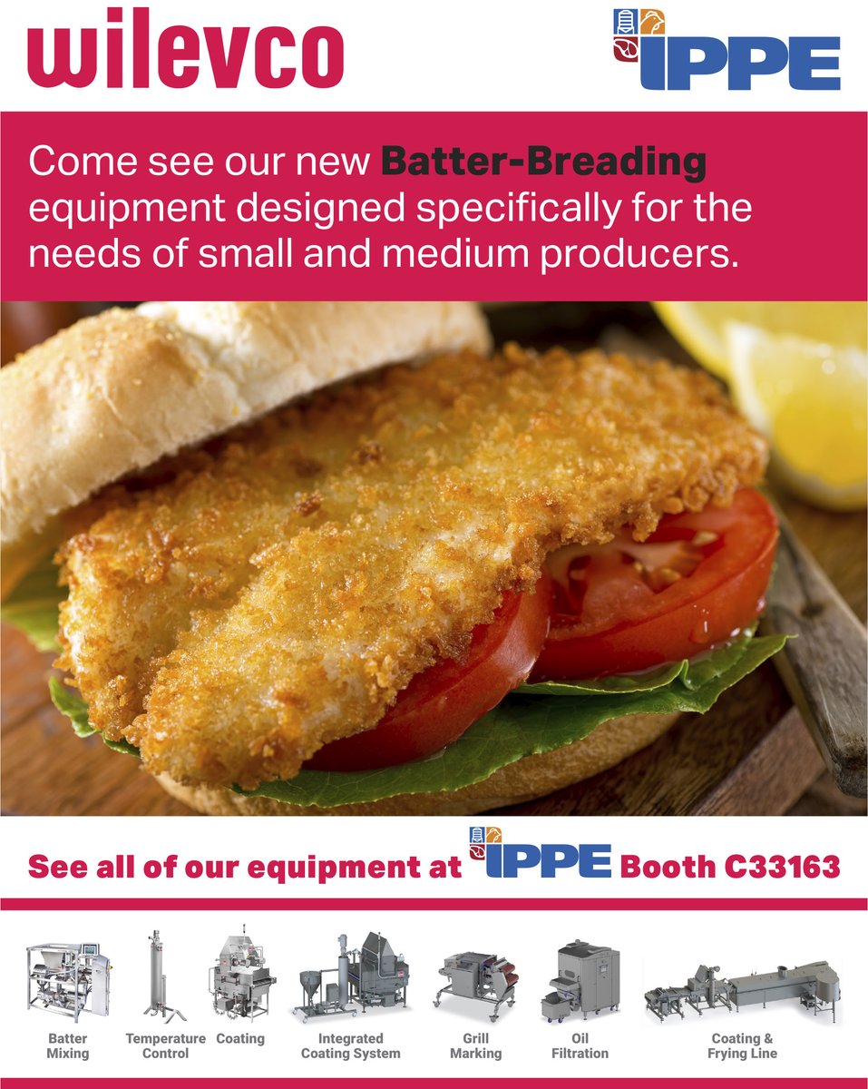 wilevco's tweet photo. Come see our new Batter-Breading equipment designed specifically for the needs of small and medium producers. Cost effective, programable, customizable. Visit us in booth C33163 at IPPE Jan 30 - Feb 1 in Atlanta.
#IPPE #FoodProcessing #Wilevco https://t.co/YTq9ui5rpa