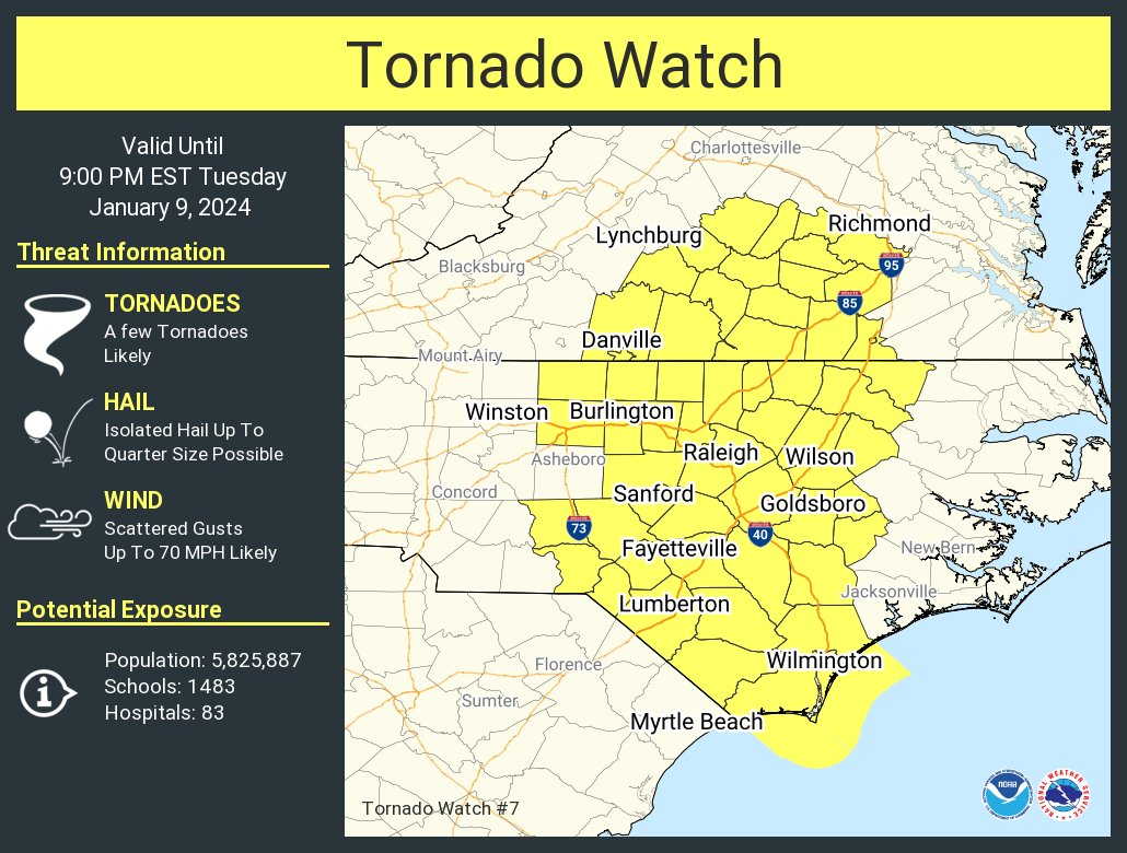 A tornado watch has been issued for parts of North Carolina and Virginia until 9 PM EST