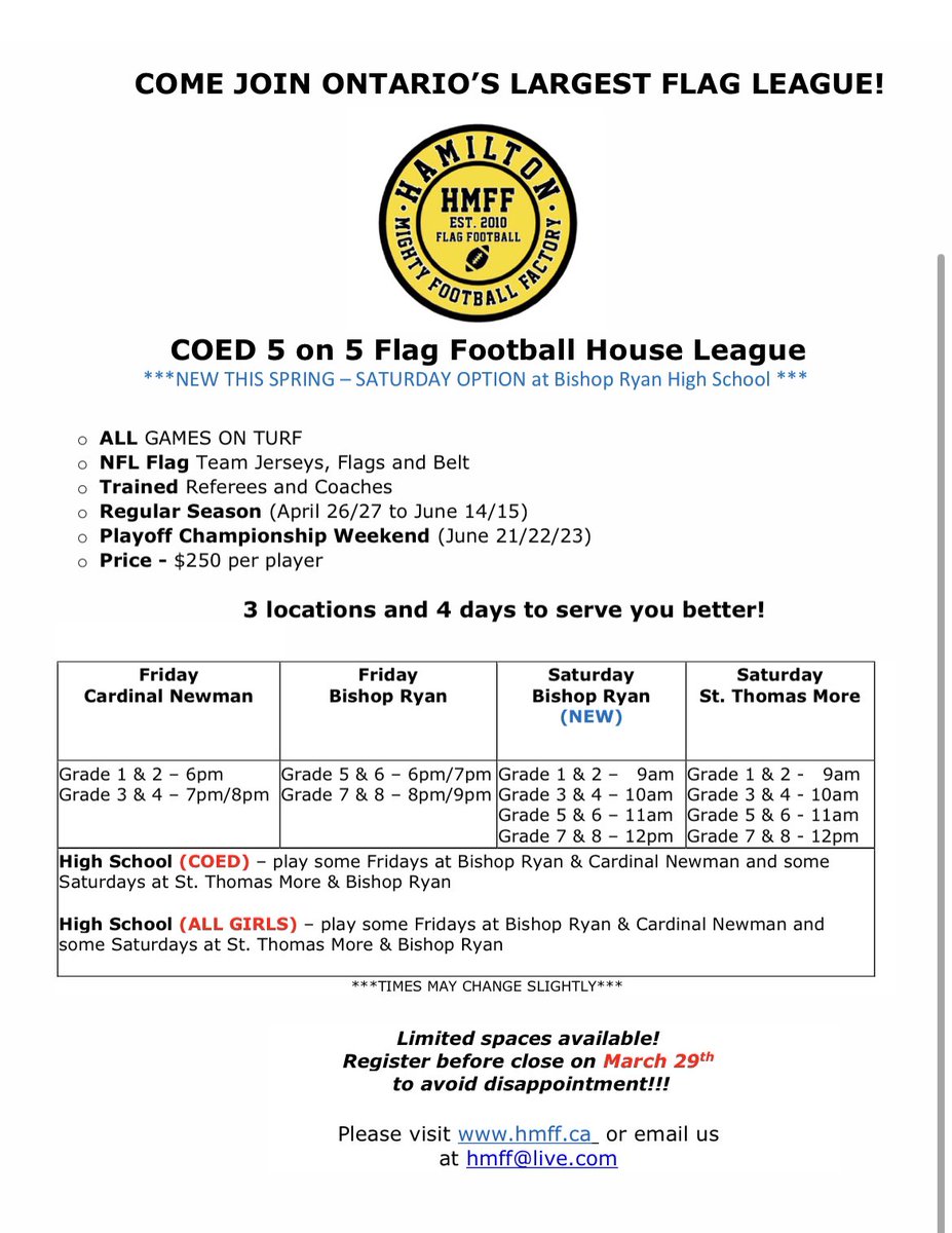 FLAGHMFF's tweet image. Spring Registrations for 2024 are now open 
Coed Flag football 
#hanont