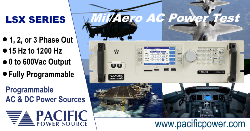 Our extensive line of LSX Series AC Power Sources is well suited for Avionics and Defense applications where precisely controlled single or three phase power is required.  The LSX Series offers a frequency range to 1200Hz and an intuitive color touch screen user interface.