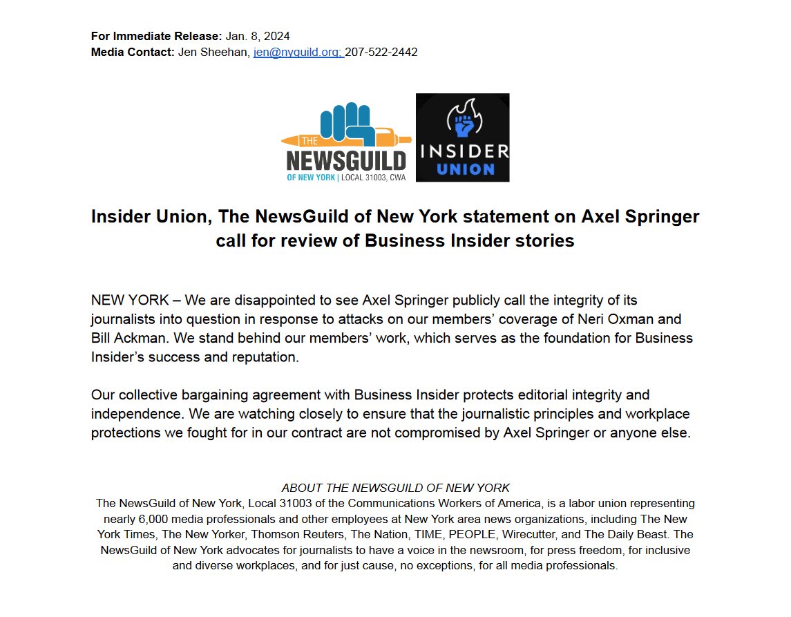 Our official response to @axelspringer calling for a review of our colleagues’ writing.