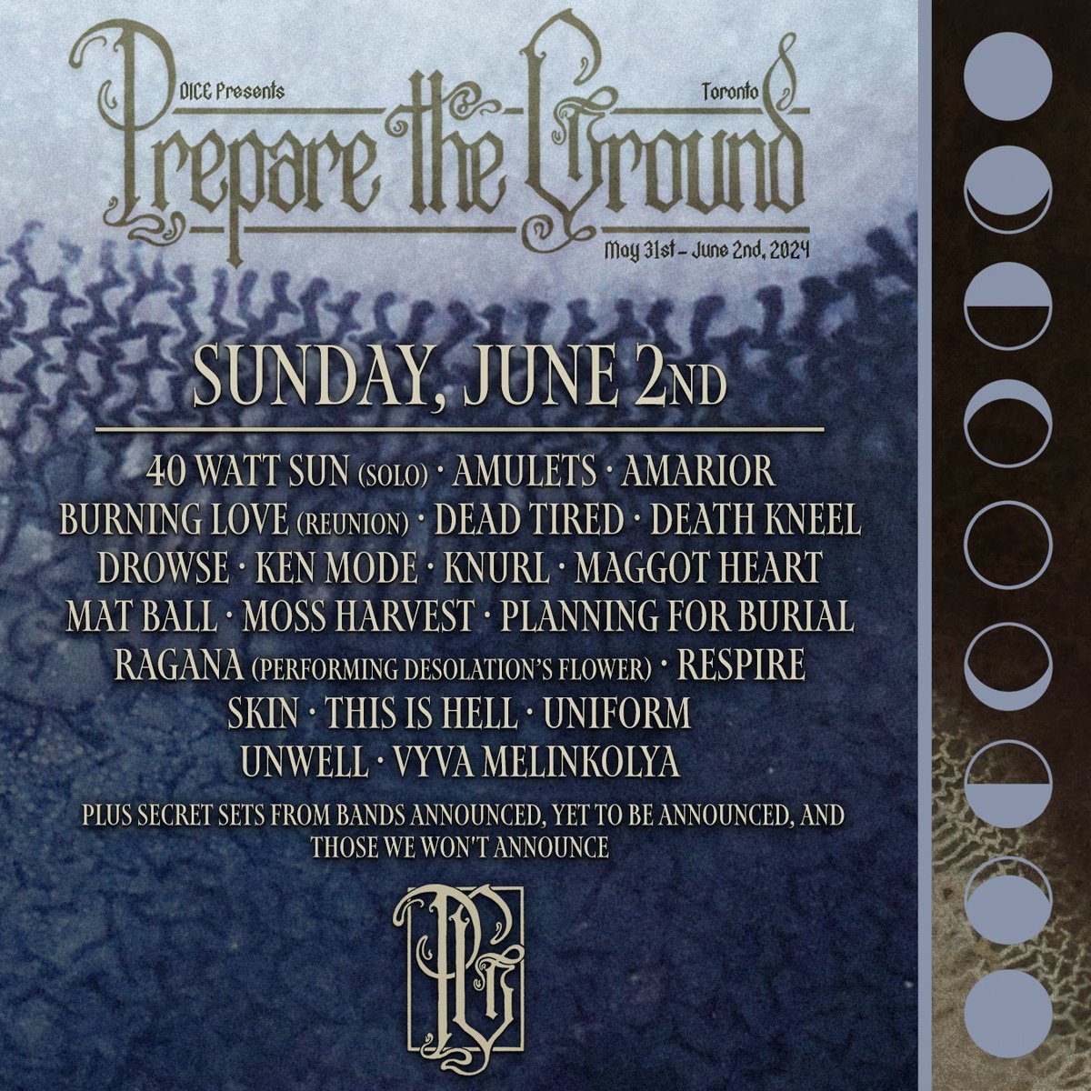 We won't be playing a lot in 2024 as we focus on ourselves, other projects, and writing music. We WILL be playing the Saturday of @ptgtoronto , whose single day & weekend passes are available now. Hope to see you there, this was a massive undertaking. preparetheground.com