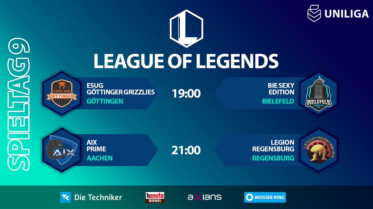 Letzter Spieltag der Gruppenphase!👀 @esugesports vs. @bielefeldesport @AIXeSports vs. Legion Regensburg ⏰ 19:00 Uhr 📺 twitch.tv/uniliga 🎬 @ProbablyCast 🎙️ @BlaizeCasts & @JustKrincy 📈 @SloganCasts & @ProbablyCast 🎥 @lars_buttner #leagueoflegends #uniliga