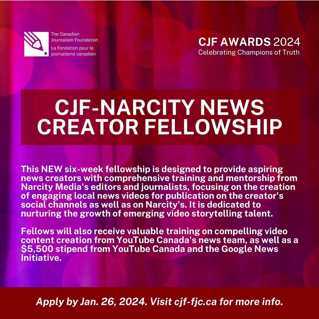 cjffjc's tweet photo. Early career journalists: The CJF is proud to offer fellowships &amp; awards aimed at fostering excellence in early-career journalists. The deadline for applications is Jan. 26. https://t.co/g7M7YMtyoR