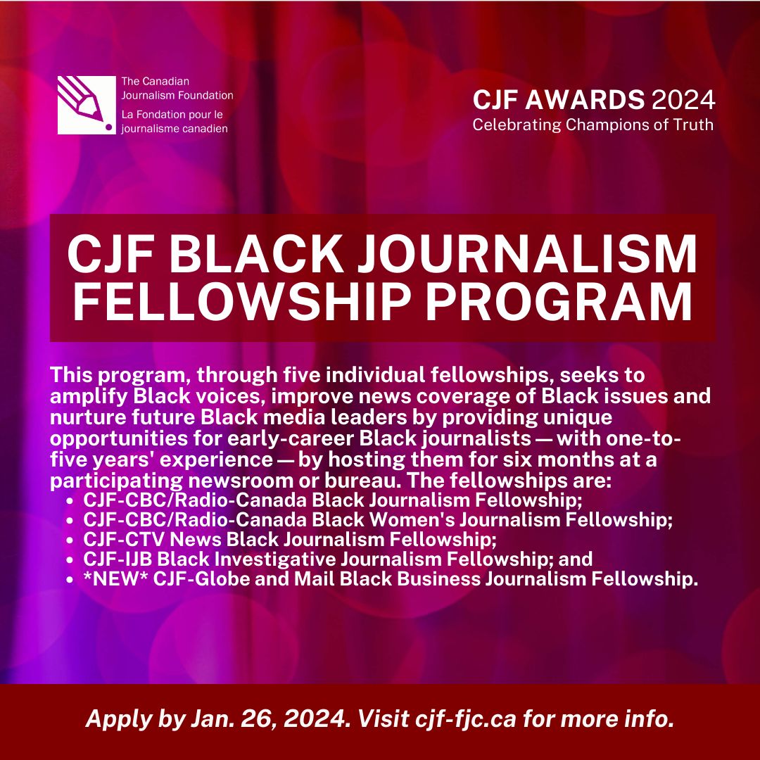 cjffjc's tweet photo. Early career journalists: The CJF is proud to offer fellowships &amp; awards aimed at fostering excellence in early-career journalists. The deadline for applications is Jan. 26. https://t.co/g7M7YMtyoR