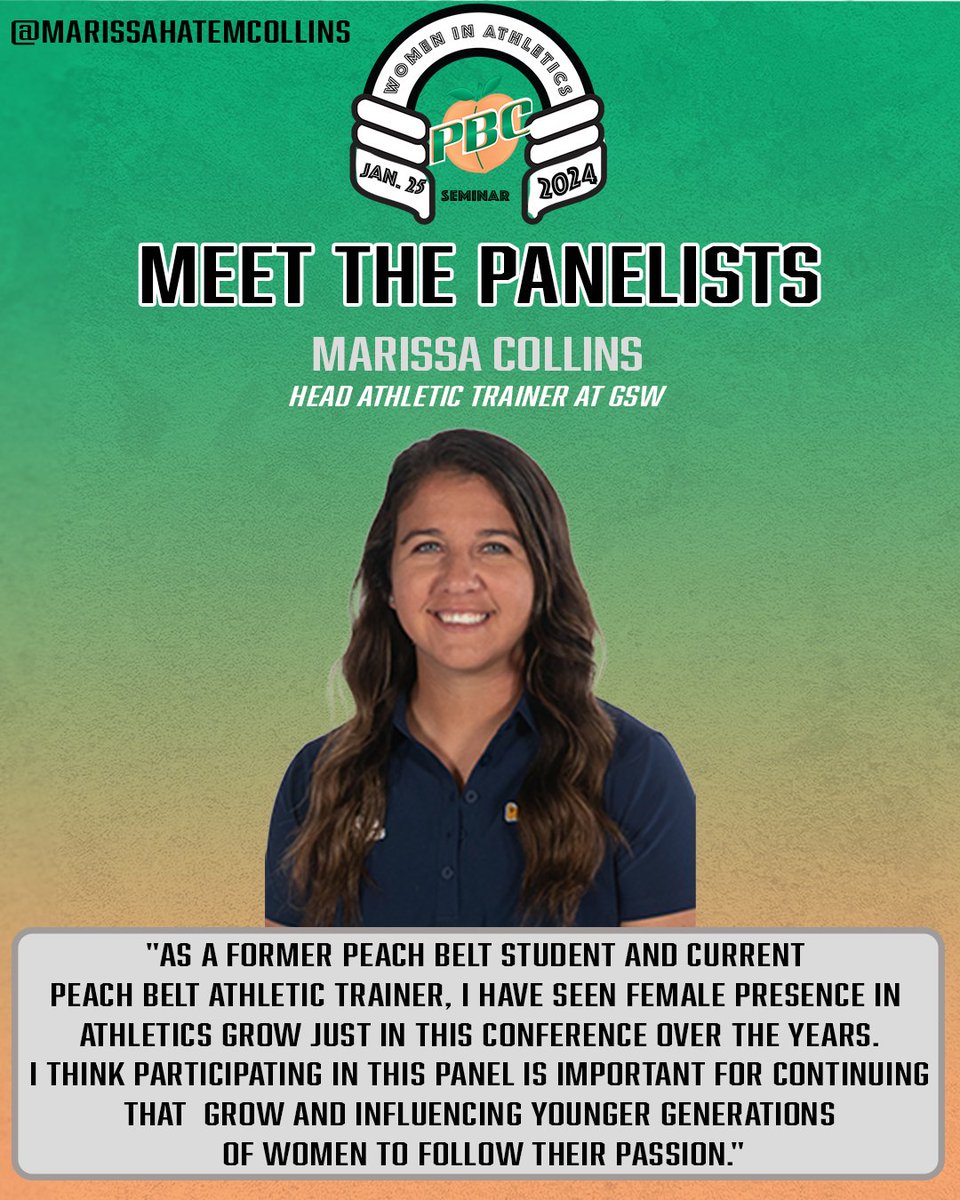 PeachBelt's tweet photo. ⭐️Meet The Panelists⭐️

Our Women in Athletics Seminar is two weeks away, so stay tuned as we introduce each of our panelists.

Next up is GCSU Alum &amp; GSW Head AT, Marissa Collins!

Be sure to reach out to your AD or SWA for more information on how to attend.

#PBCDOMINANT https://t.co/ds7ucV9ACD