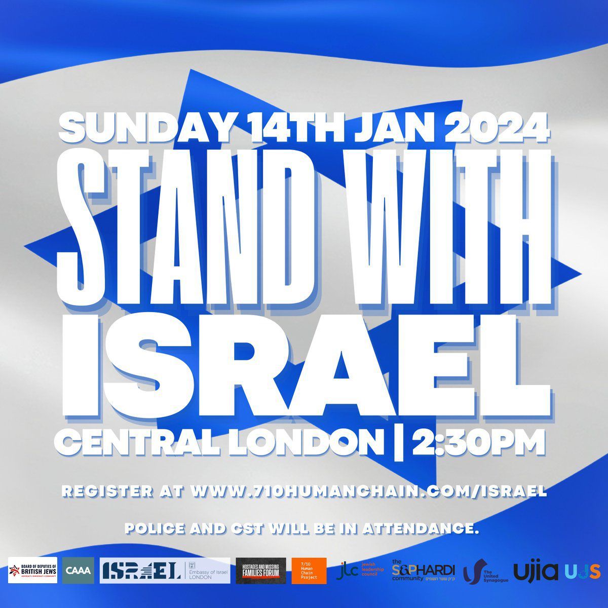 Marking 100 days since the October 7 massacre, we are calling on supporters to join us at: 🇮🇱 “Stand with Israel” Rally 🗓️ Sunday 14th January, 2024 📍Central London ⏰ 2:30 PM Registration: bod.org.uk/israelrallyjan… #BringThemHome
