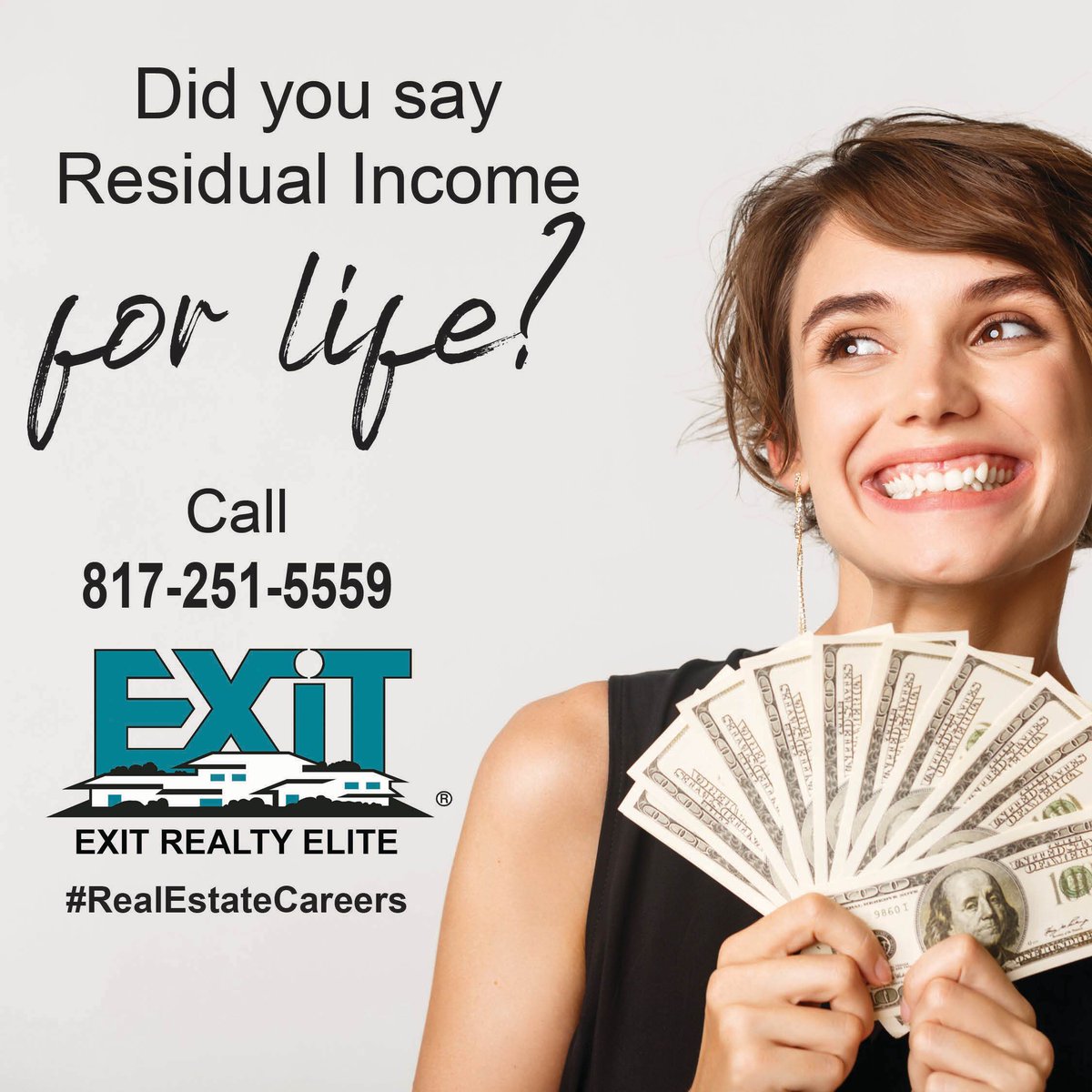 Residual income for life? It's true! Call us to find out how.

#LOVEXIT #ImSold #ThinkSmartThinkEXIT #RealEstateReinvented #ListwithEXIT #DFWMetroplex #buyahome #sellahome #EXITRealtyElite #RealEstateCareers #TexasRealEstate