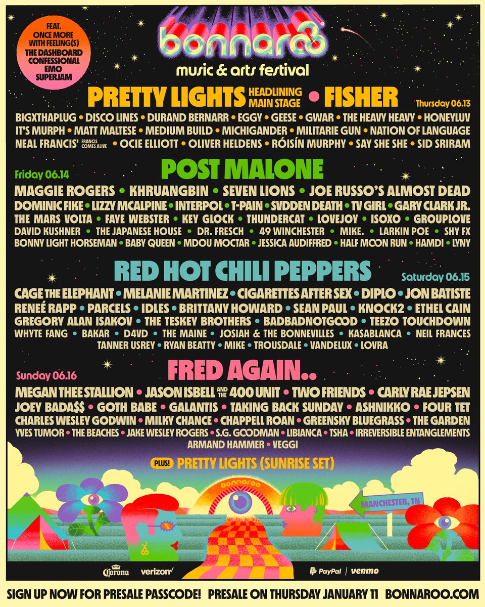 BACKSTAGE GIVEAWAY — @Bonnaroo reveals 2024 lineup: @PrettyLights x2, @PostMalone, @ChiliPeppers, @Fredagainagain1 + more. ENTER NOW for a chance to win (2) VIP tickets + a sold out Area 931 Backstage camping pass. 👇 To enter: 1. Follow @TheFestiveOwl 2. RT this Good luck 🦉