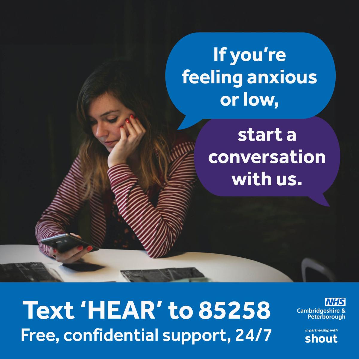 If you're struggling mentally and want to talk to someone anonymously, text HEAR to 85258 for free, confidential support, 24/7. This service is in partnership with Shout. @CambsPboroICS @GiveUsAShout