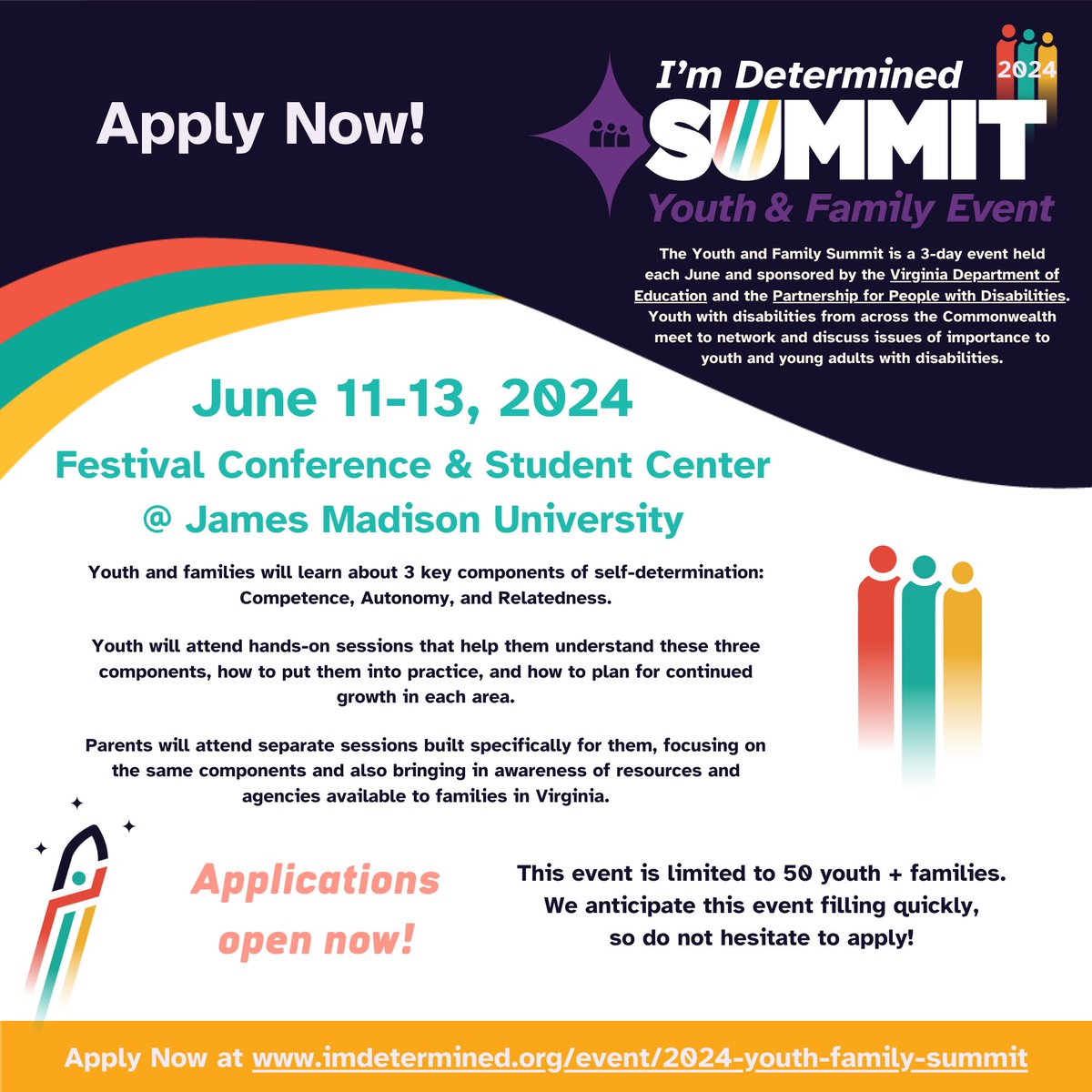 Ready to be a part of something that will fill your life with self-determination? We are excited to announce that 2024 Summit applications are open! 🎉 Students who are 14-18, You can find the 2024 summit application on the IMD website here: imdetermined.org/event/2024-you…