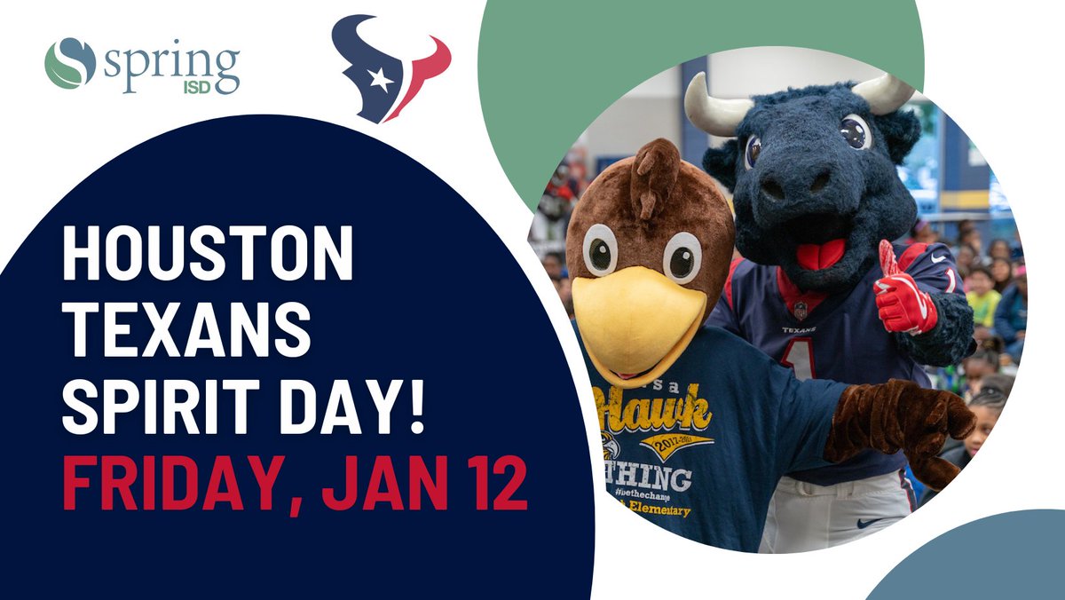 SpringISD's tweet photo. THIS FRIDAY! With the @HoustonTexans clinching a playoff spot, along with the AFC South Division championship, Friday (1/12) will be an official Texans Spirit Day in Spring ISD! Share your Texans team spirit  using the hashtag #WeAreTexans https://t.co/lQWL9OhO2i