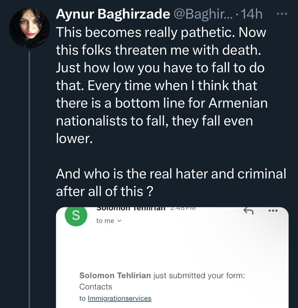 She posted this absolutely vile tweet advocating for the genocide/erasure of a whole people and then spent the rest of the day whining about the backlash, pretending she’s the victim. Maybe seek professional help, or better shut your horrendous mouth.