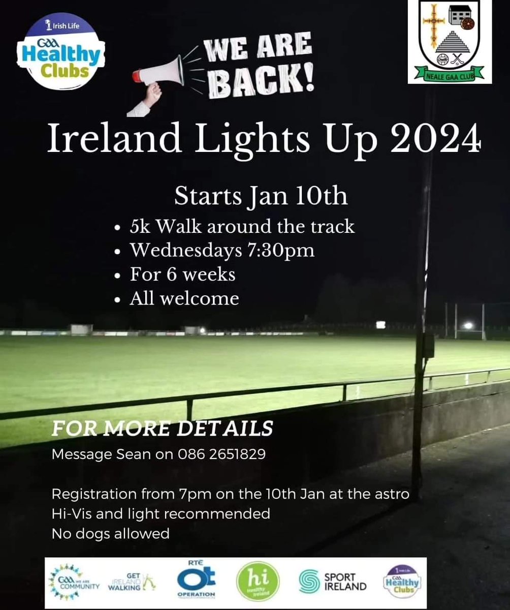RTE cameras are coming to Cong! @Thenealegaaclub Healthy Club is inviting everyone to join them for their Ireland Lights Up walk tomorrow Wed 10th January at 7.30pm. @OpTranRTE Leader Edel O Malley will lead the walk & will be joined by the Operation Transformation camera crew.