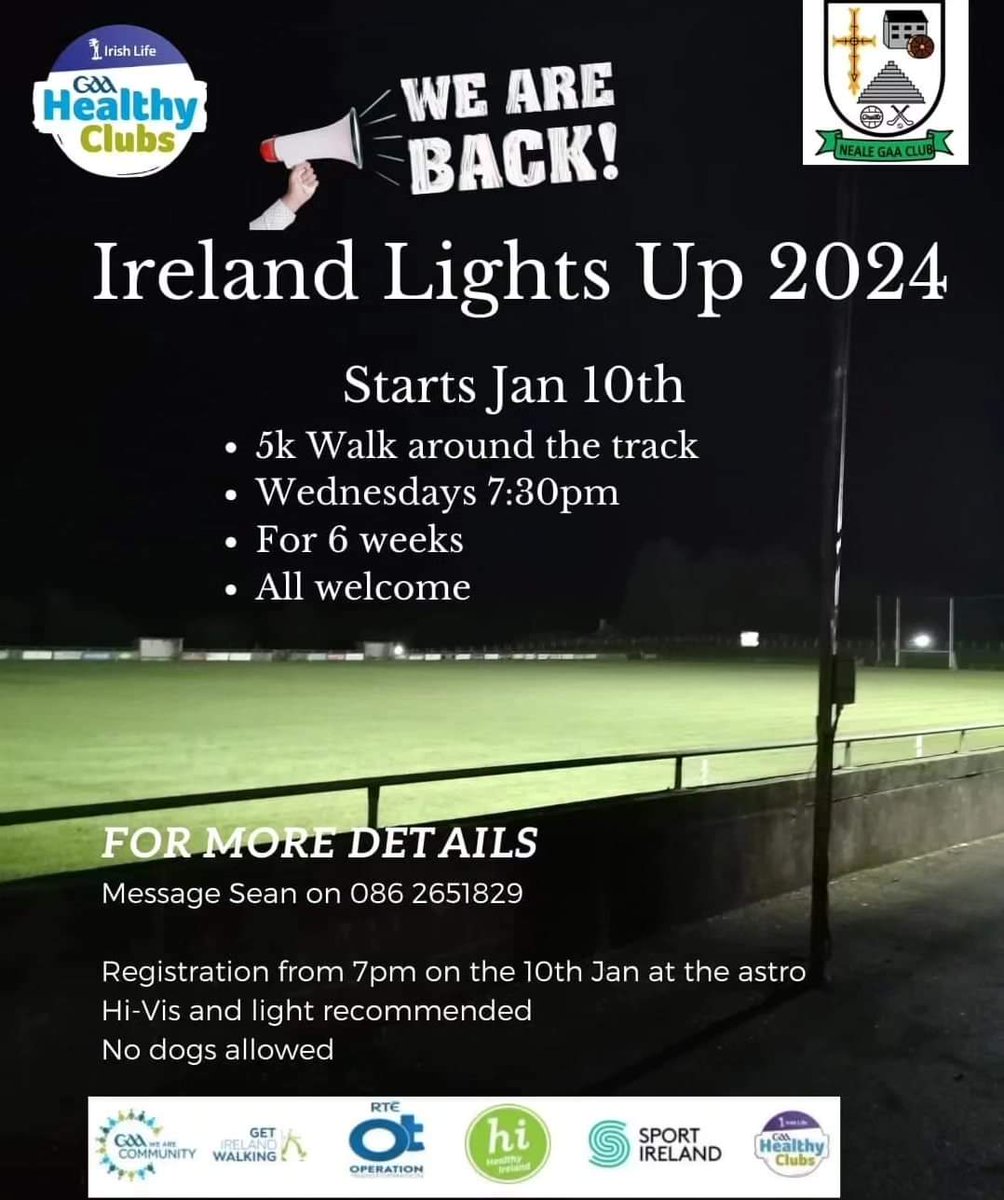 RTE cameras are coming to Cong!

<a href="/Thenealegaaclub/">The Neale GAA</a> Healthy Club is inviting everyone to join them for their Ireland Lights Up walk tomorrow Wed 10th January at 7.30pm.

<a href="/OpTranRTE/">OT RTÉ</a> Leader Edel O Malley will lead the walk &amp; will be joined by the Operation Transformation camera crew.