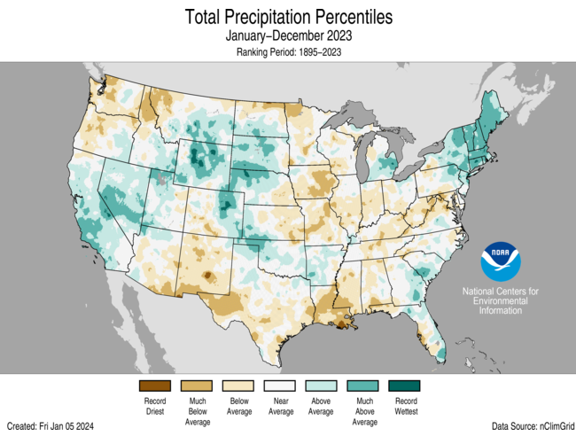 (3 of 6) #2023 (Jan–Dec) contiguous U.S. precipitation total was 29.46 inches — 0.48 of an inch below avg. — ranking in the driest third of the historical record: bit.ly/2023USAnnualCl… @NOAANCEI #StateOfClimate