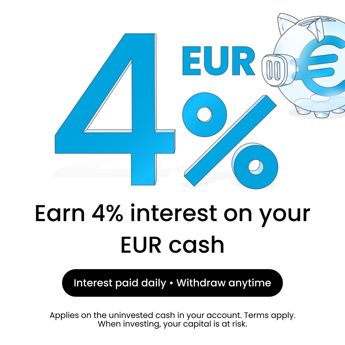 Your uninvested cash just got a boost ✨ Starting today, earn up to 6% with daily payments in your Trading 212 account. Watch your uninvested cash compound with our new interest rates: 🇪🇺 EUR - 4.00% 🇺🇸 USD - 5.00% 🇬🇧 GBP - 4.50% 🇵🇱 PLN - 3.75% 🇨🇿 CZK - 2.50% 🇷🇴 RON - 3.00% 🇭🇺