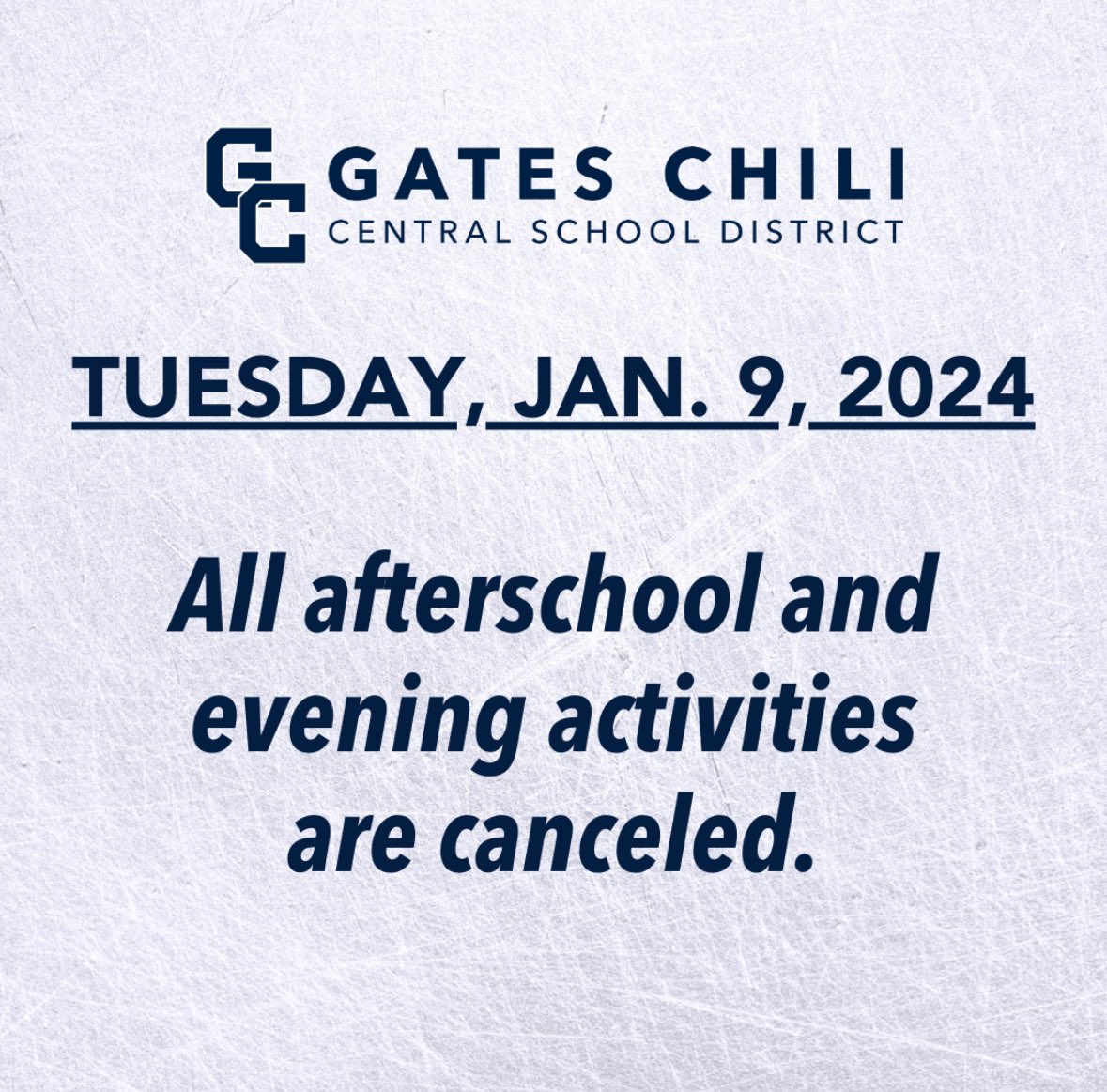 GatesChiliInfo's tweet photo. ACTIVITIES CANCELED: Due to the potential for high winds this afternoon and evening, all afterschool and evening activities are canceled today, Tuesday, Jan. 9. https://t.co/j2tuIreGWB