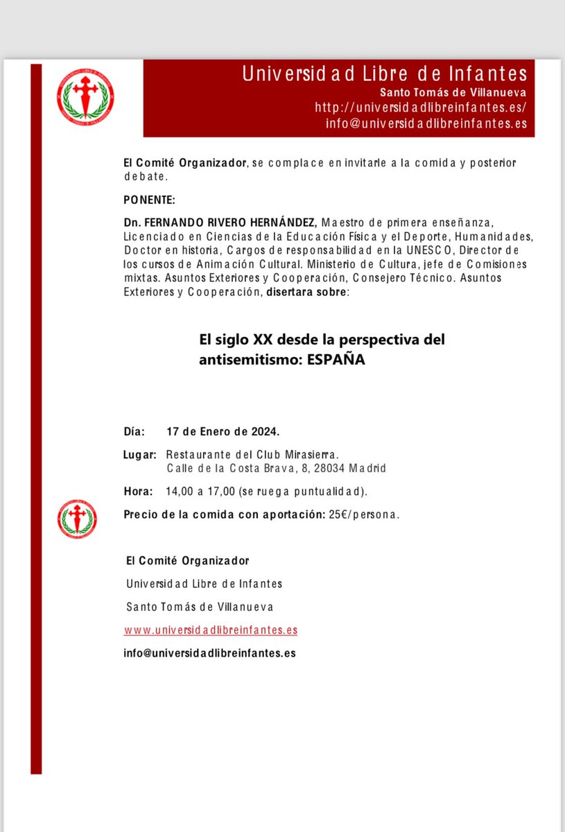 ulinfantes's tweet photo. Inauguramos el año con la próxima comida- debate. A cargo de D. Fernando Rivero Hernández, Dr en Historia y ex consejero técnico de la AECID,  y que más diré, toledano y amigo, ¡Os esperamos! 🤗😘. #divulgacioncientífica, #pensamientocrítico, #académicos https://t.co/BAywTTusRO