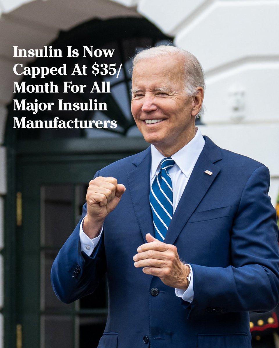 President Biden fist pumping and smiling outside of the White House, with text in the image reading: "Insulin is now capped at $35/month for all major insulin manufacturers."