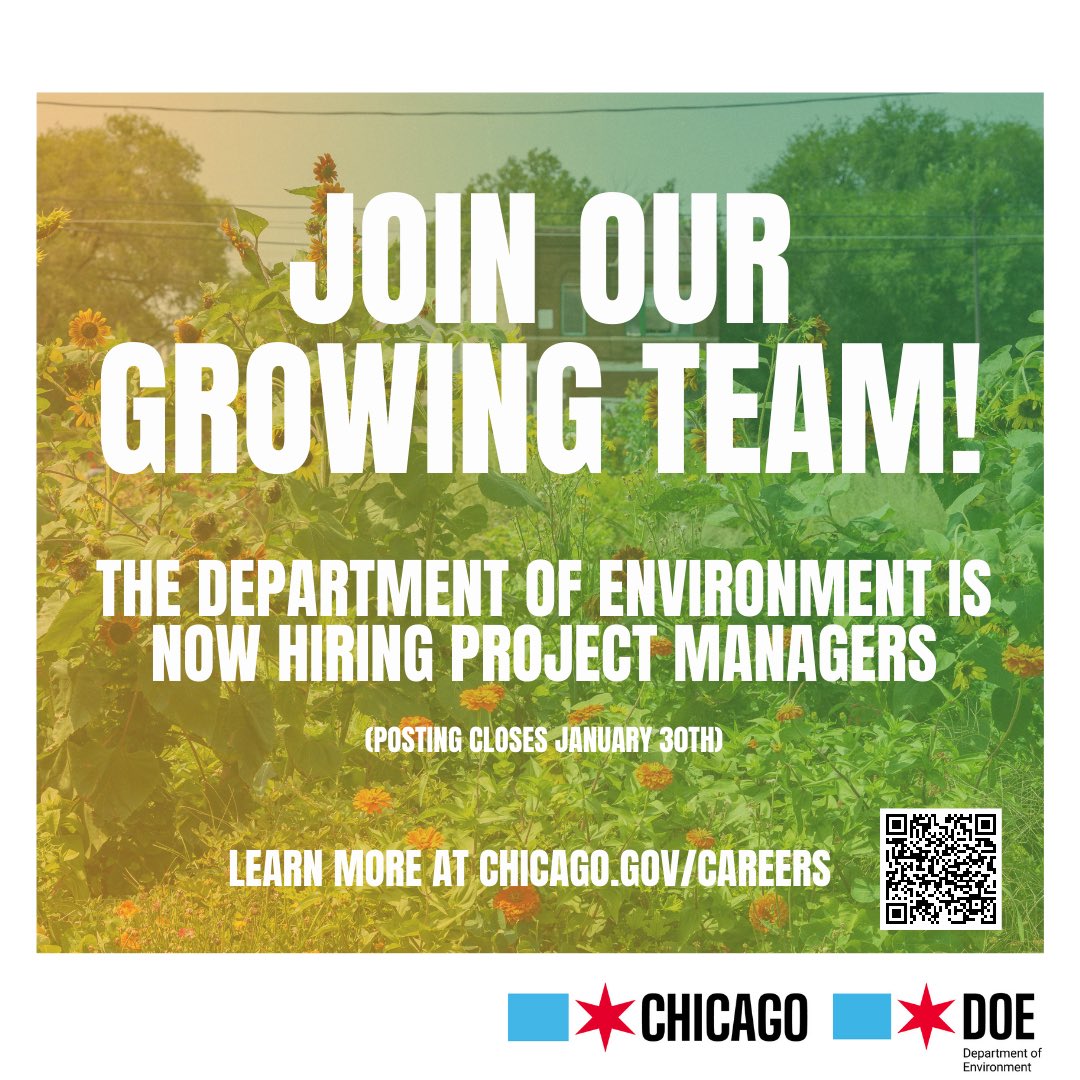 ChicagoDOE's tweet photo. 🚨Calling all climate and environmental justice professionals‼️The new @Chicago Department of Environment is staffing up and is hiring four Project Managers. We’re seeking dedicated individuals eager to advance @ChicagosMayor’s robust climate agenda. https://t.co/LdrJYYV0kb https://t.co/38bqueLxbH