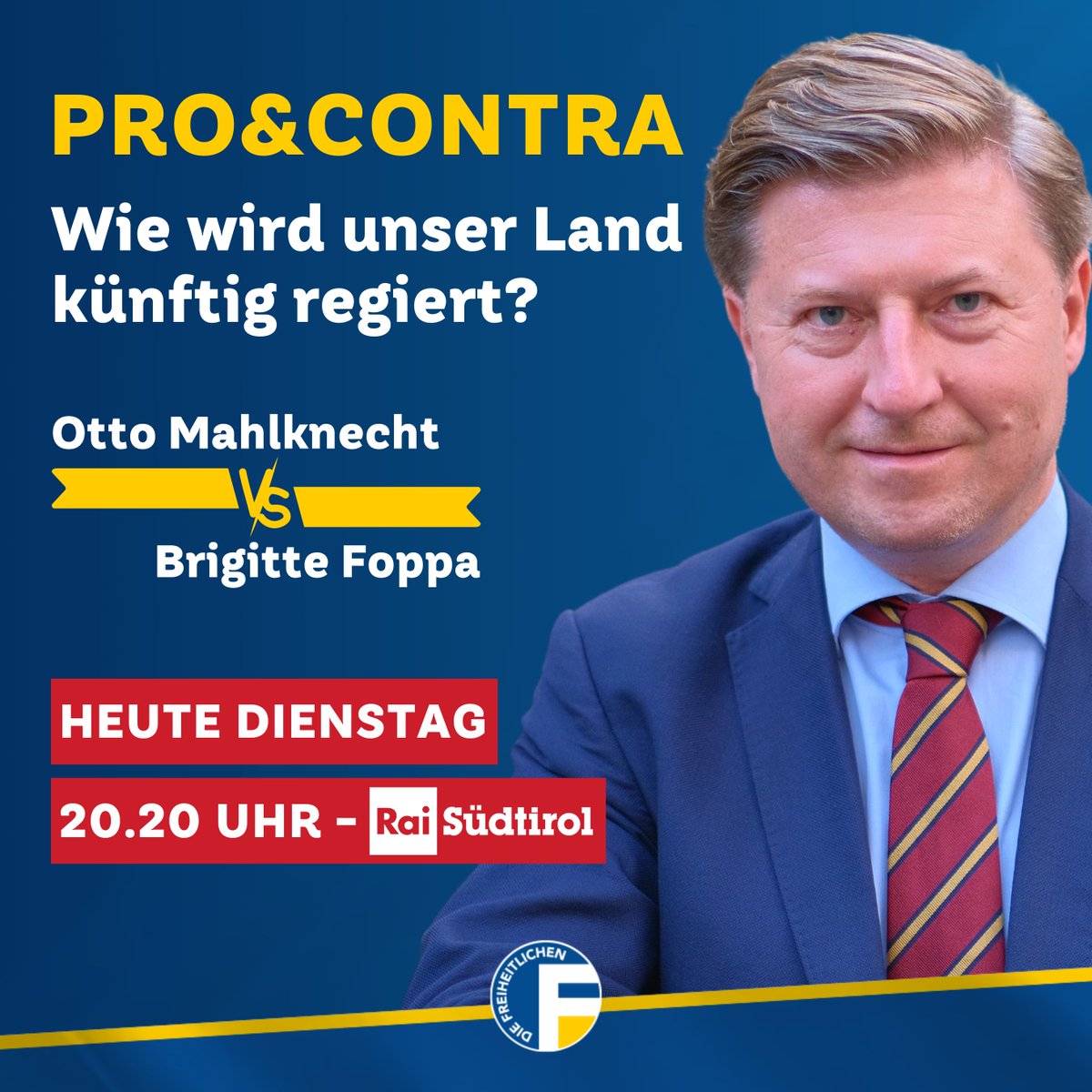 freiheitlich's tweet photo. Unser Co-Parteiobmann 🗣 Otto Mahlknecht diskutiert heute Abend um 20.20 Uhr bei 📷„Pro &amp; Contra“ auf Rai Südtirol gemeinsam mit Brigitte Foppa von den Grünen zur Frage „𝗪𝗶𝗲 𝘄𝗶𝗿𝗱 𝘂𝗻𝘀𝗲𝗿 𝗟𝗮𝗻𝗱 𝗸𝐮̈𝗻𝗳𝘁𝗶𝗴 𝗿𝗲𝗴𝗶𝗲𝗿𝘁❓“ Schaut rein❗ https://t.co/L776p1mwHT
