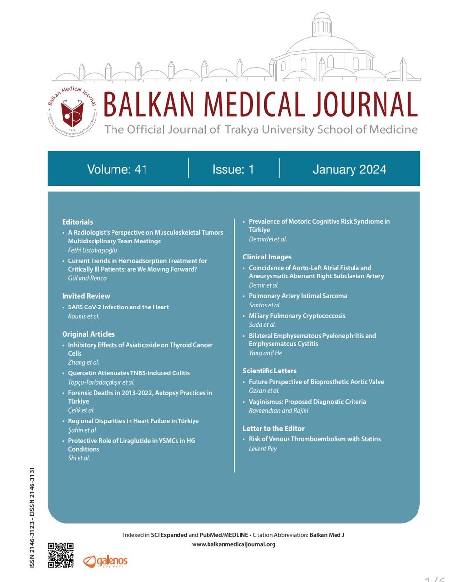 DrServetAltay's tweet photo. New issue of the Balkan Medical Journal (Vol. 41, Issue 1) is now available.
https://t.co/5mGDGxxsbh…
#Thyroidcancer
#Heartfailure
#Colitis
#Authophagy
#Authopsy
#Vaginismus
#Covid19
#MotoricCognitiveRisk
#Liraglutide
#Hemoadsorption
#MusculoskeletalTumors
#ForensicDeaths https://t.co/2Xs25YGbjM