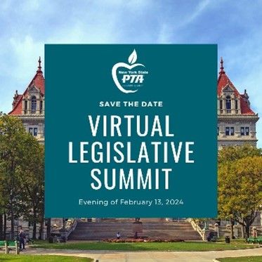 Did you know that PTA is a huge advocacy organization? Check out the 2023-2024 NYS PTA Advocacy priorities here: buff.ly/47nF37S 
Save the Date for the Virtual Legislative Summit! Evening of February 13.