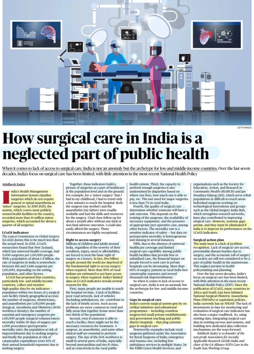 'How Surgical Care in India is a neglected part of Public Health'

:An Insightful article by Sh Siddhesh Zadey
@RantingSid 

#India #SurgicalCare 👎
#MinorSurgery 
#LCoGS #NSOAPs
#NationalHealthPolicy
#PublicHealth
#healthcare #HealthForAll 

#UPSC

Source:TH