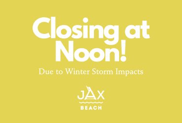 Due to the expected impacts of today's winter storm, City of Jacksonville Beach offices will close at 12:00 PM today. Please stay safe and use caution during today's weather events. City offices will reopen tomorrow, January 10th, at 8:00 AM.