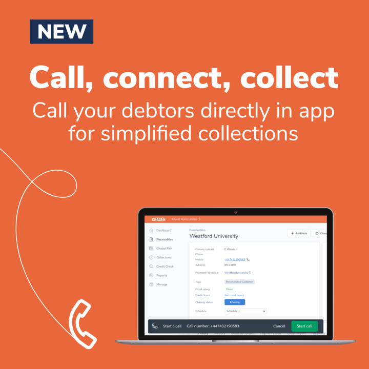 Chaser_Kev's tweet photo. Introducing: In-app phone calls  🎉📞

You can now effectively complete and manage your accounts receivables calls directly in Chaser. Streamline your process and manage all of your debtor communications in one place, with in-app phone calls 👇🧡

https://t.co/WSDUX1DRoT https://t.co/YFYD0ndrgB