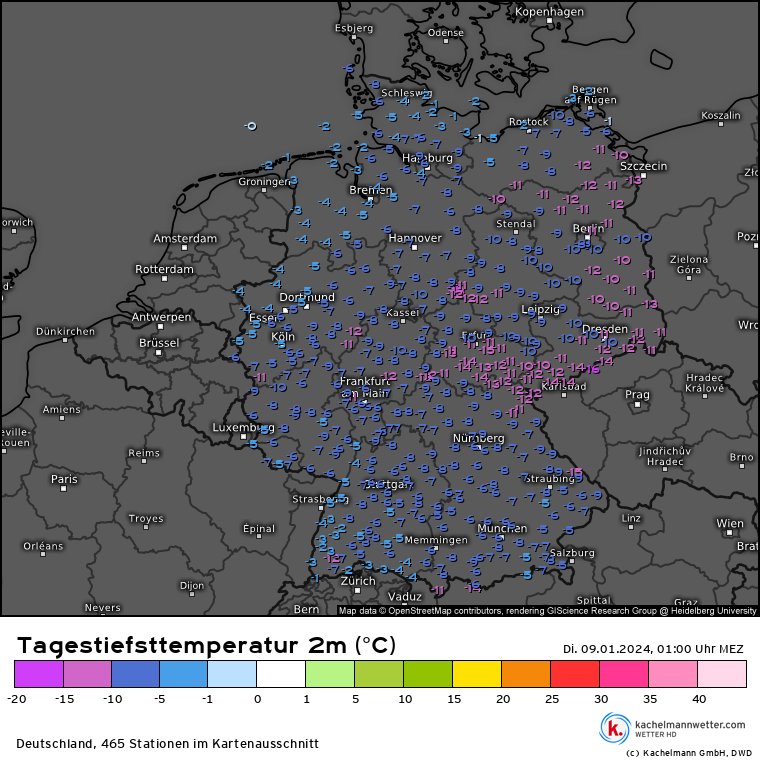 Ein Hoch sorgt zurzeit für kaltes Winterwetter. Aber im Vergleich zur Wetterlage im Feb.'56, damals wurden in D. Kälterekorde aufgestellt, reicht die Hochdruckzone aktuell nicht weit ins Nordpolarmeer, sodass die Luftmassen v. Ostskandinavien einströmen. Kälter geht immer! 
🐸/SH