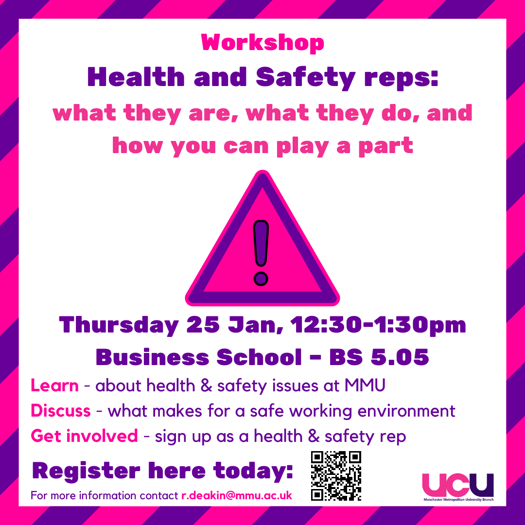 We're holding a workshop for any UCU members at MMU who are interested in becoming a health & safety rep Come along, learn about the role, and get involved