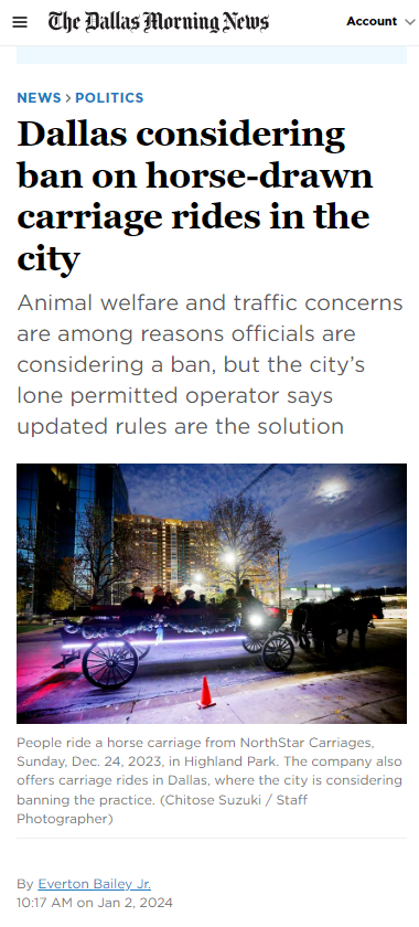 TXAnimalFreedom's tweet photo. 🚨URGENT CALL TO ACTION 📷Please support our campaign to Ban #Horse Carriages in #Dallas by signing up to testify in favor of getting the horses off our busy streets this Wednesday. Registration closes 1/9/24 at 5pm Meeting starts at 9am 1/10/24 at 9am sign up in our link tree https://t.co/2TvxNYz2cs