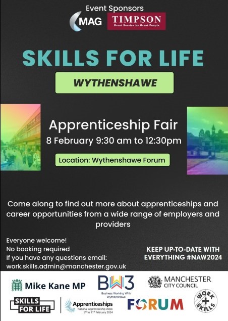 Join a range of #employers and #providers at @ForumCentre for the #Skillsforlife #Apprenticeship #Fair 8 Feb 24, 9.30am - 12.30pm @MikeKaneMP @BW3Manchester @ManCityCouncil @_SkillsForLife_ @manairport @JamesTCobbler @TimpFoundation