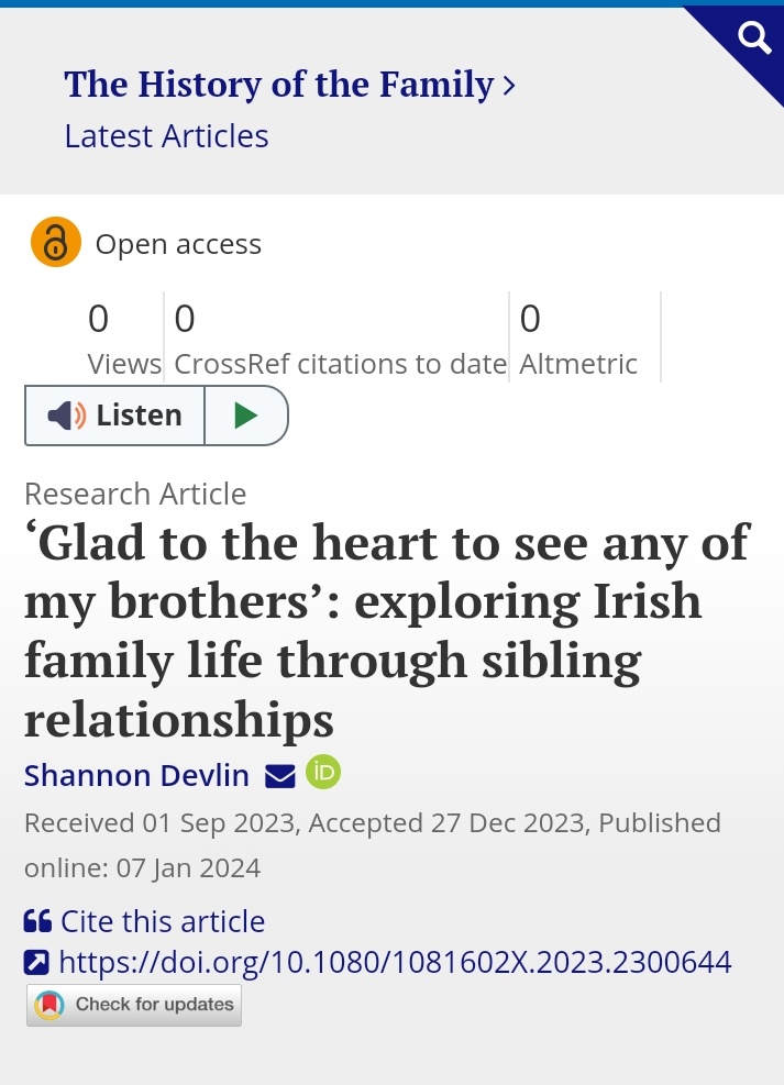 The first article in our  <a href="/RIFNET_/">RIFNET</a> special issue with <a href="/hisfam_journal/">The History of the Family</a> has appeared 🥳 And it's the wonderful <a href="/shan_devlin/">Dr Shannon Devlin</a> on #Siblings and the Irish Family #HistFam tandfonline.com/doi/full/10.10… READ IT!