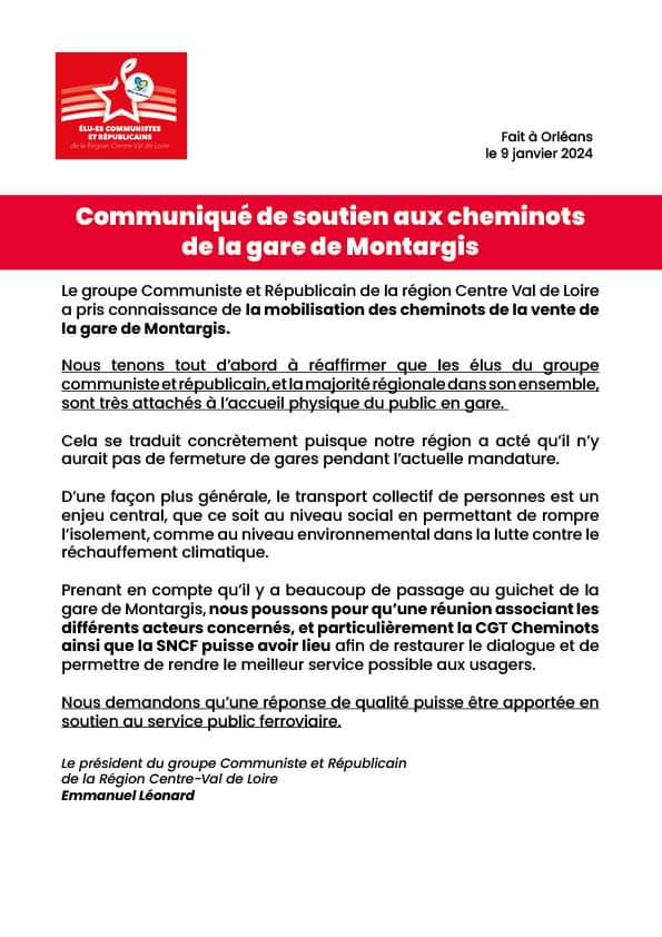 Communiqué de soutien aux cheminots de la gare de Montargis 👇
